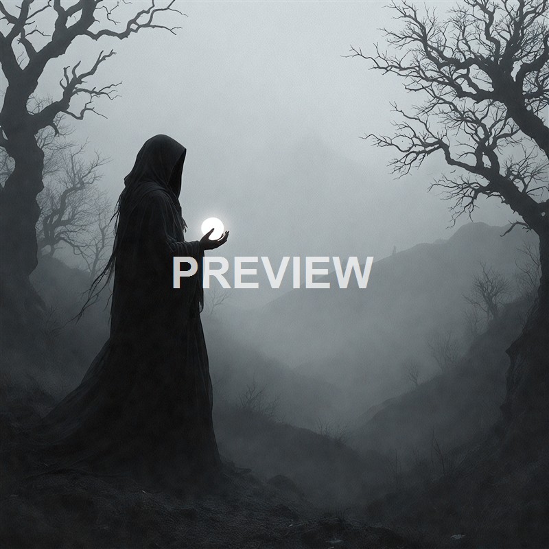 A dark, mysterious scene featuring a hooded figure in black robes holding a glowing orb, standing among barren trees in a foggy, mountainous landscape.
